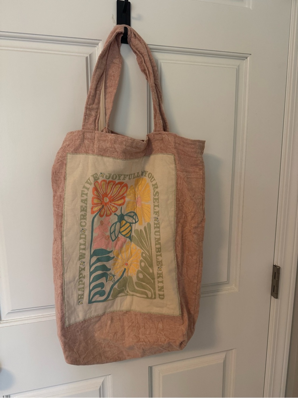 Pink Floral Canvas Tote Bag with Graphic Panel